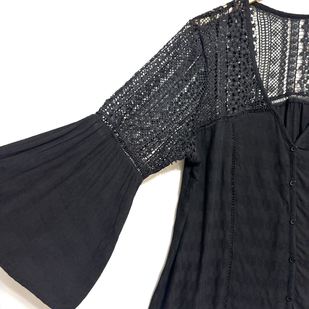 Bell Sleeve Blouse Black Crochet Lace Boho Peasant Festival Date Casual Hippie L - Picture 4 of 7